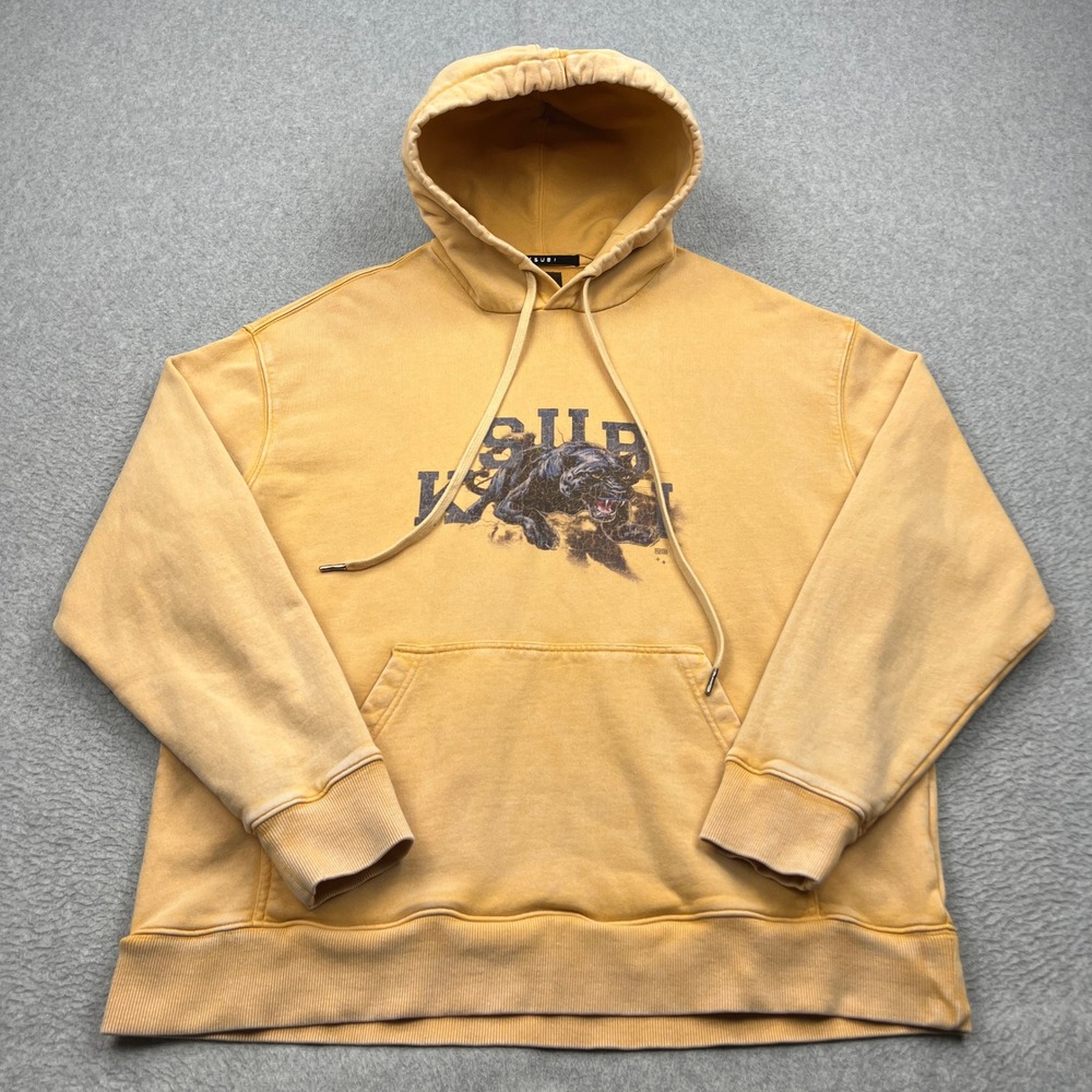 Ksubi Panther Hoodie Mens XL Yellow Faded Graphic Cross Relaxed Knit Sweatshirt
